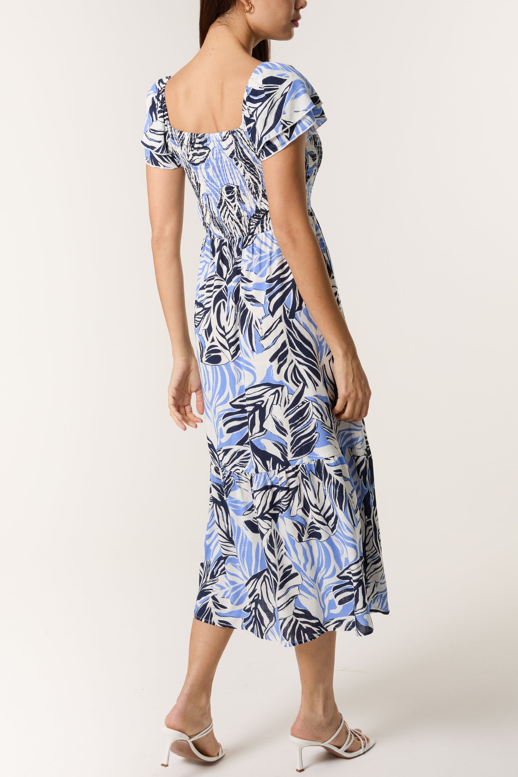 Leaf Print Square Neck Midi Dress