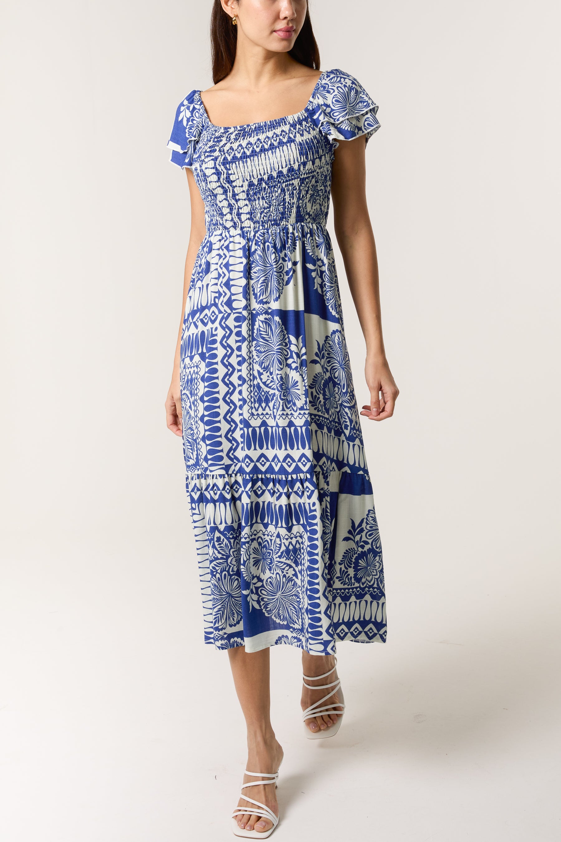 Mixed Print Square Neck Midi Dress