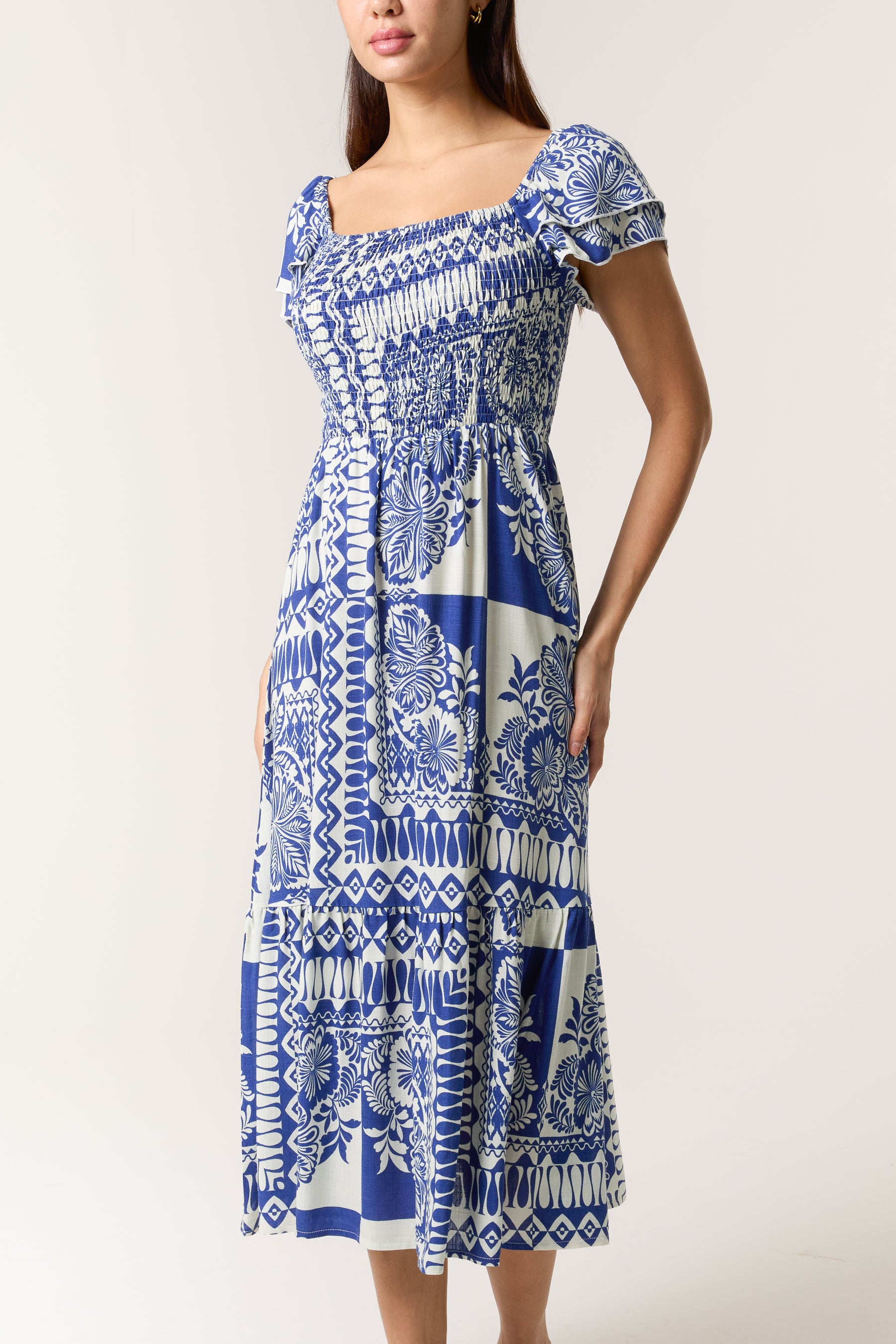 Mixed Print Square Neck Midi Dress