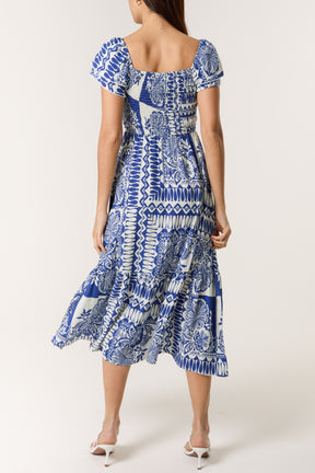 Mixed Print Square Neck Midi Dress