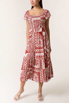 Mixed Print Square Neck Midi Dress