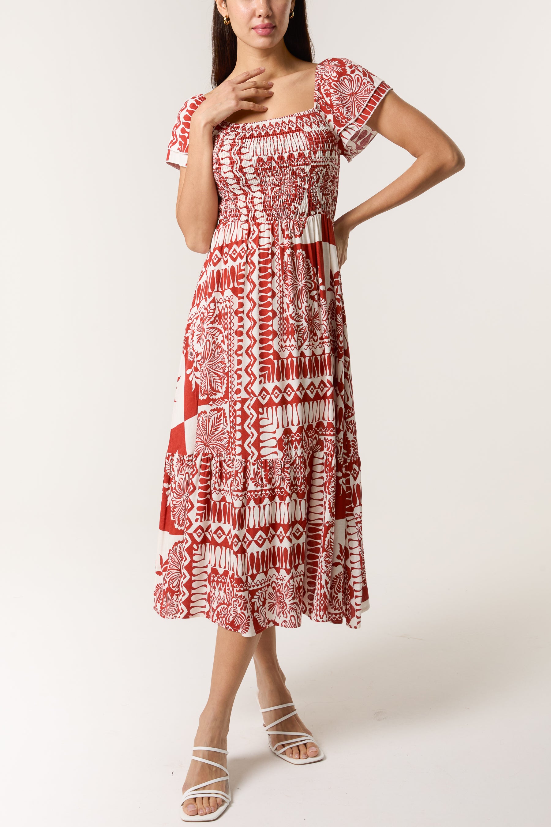 Mixed Print Square Neck Midi Dress