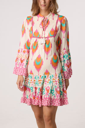 Printed Bell Sleeve Tassel Collar Dress