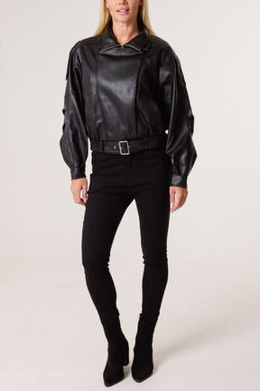 Oversized Belted PU Biker Bomber Jacket