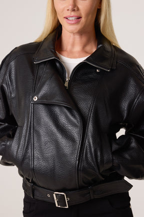 Oversized Belted PU Biker Bomber Jacket