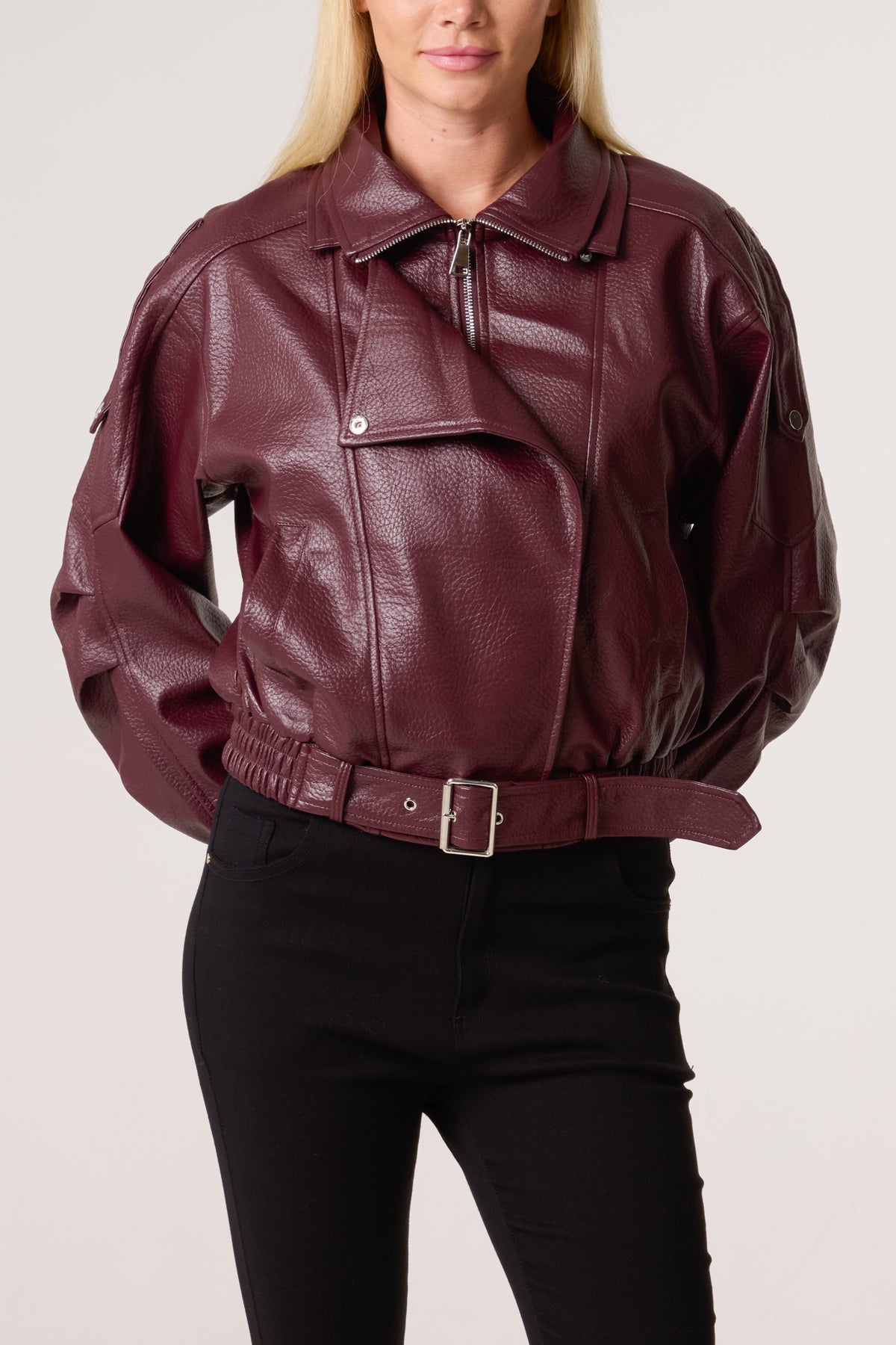Oversized Belted PU Biker Bomber Jacket