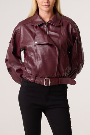 Oversized Belted PU Biker Bomber Jacket