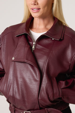 Oversized Belted PU Biker Bomber Jacket