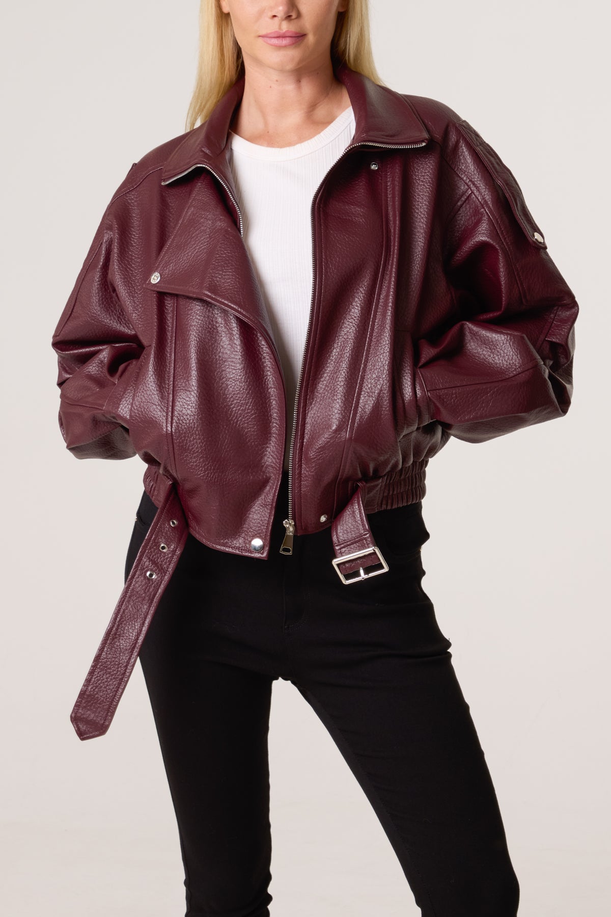 Oversized Belted PU Biker Bomber Jacket
