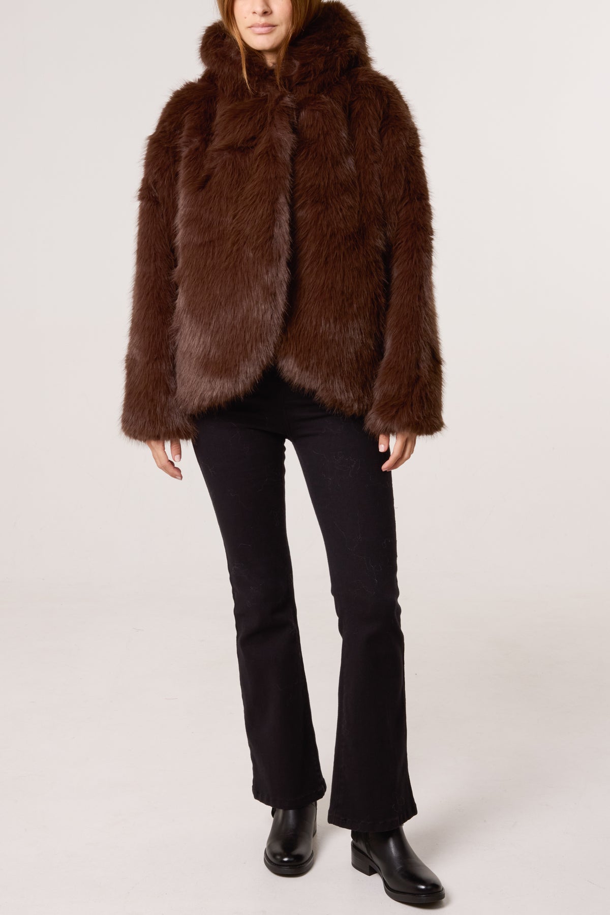 Faux Fur Hooded Curved Coat