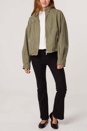 Cotton High Neck Utility Cropped Jacket