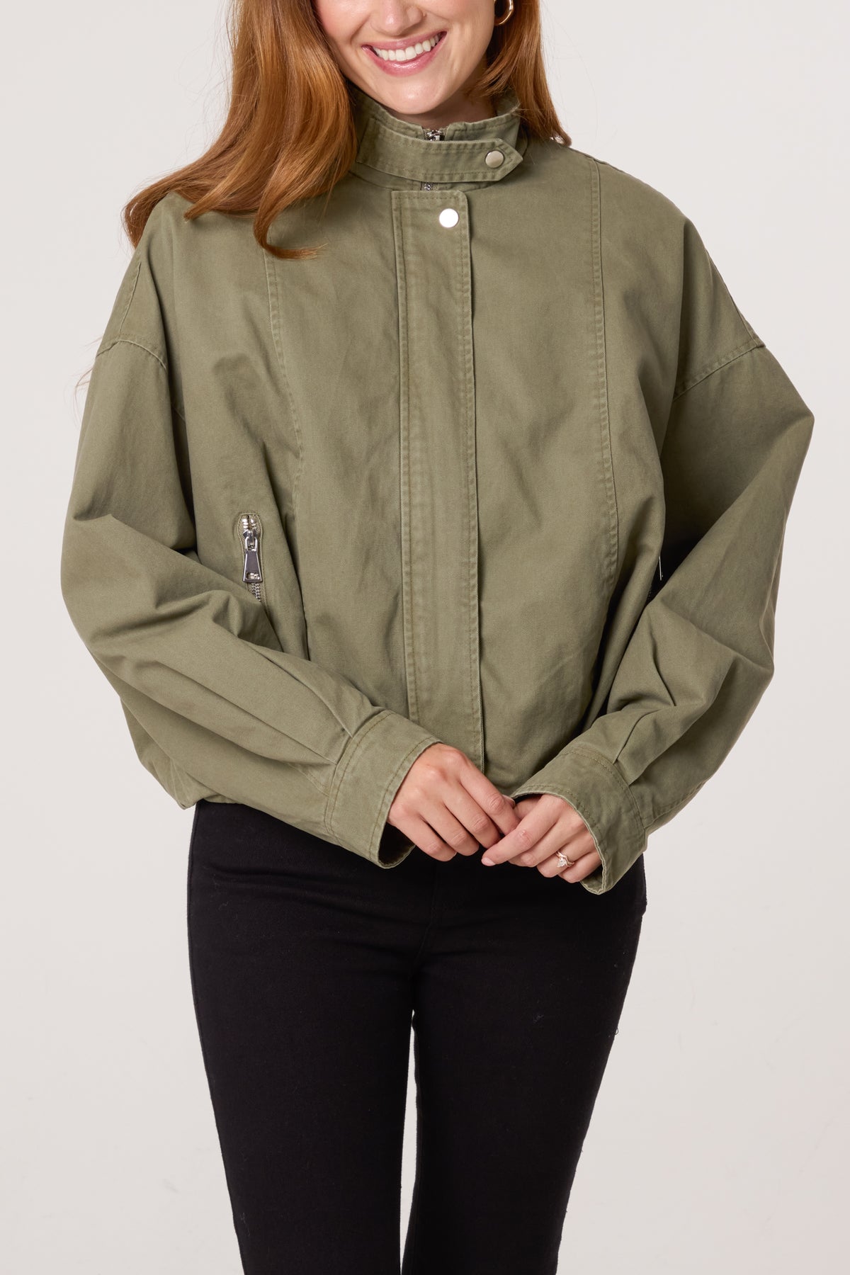Cotton High Neck Utility Cropped Jacket