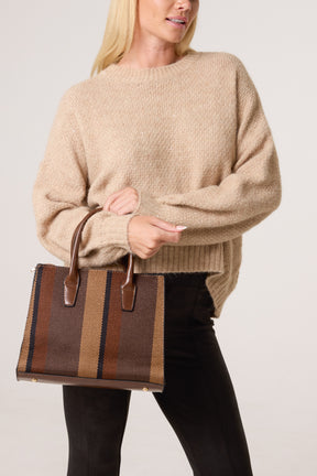 Canvas Stripe Handbag w/ Strap & Clutch Purse