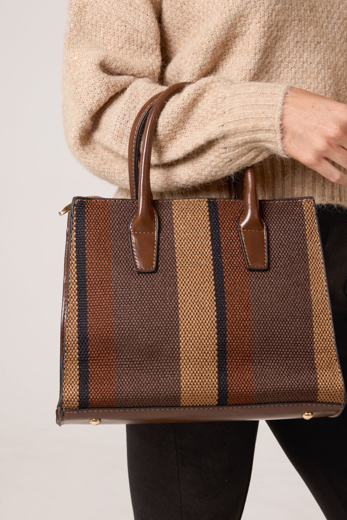 Canvas Stripe Handbag w/ Strap & Clutch Purse