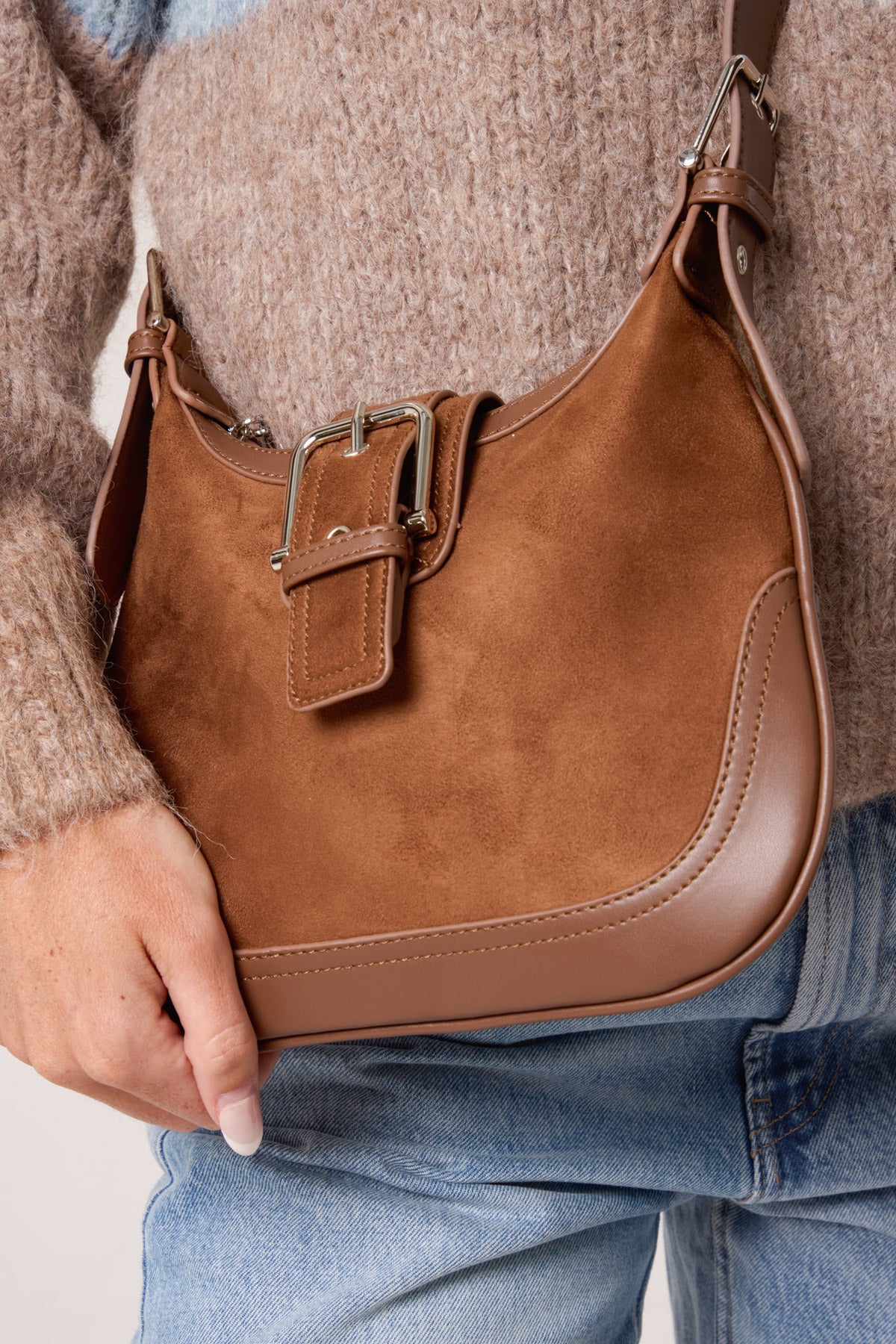 Faux Suede Buckle Shoulder Bag