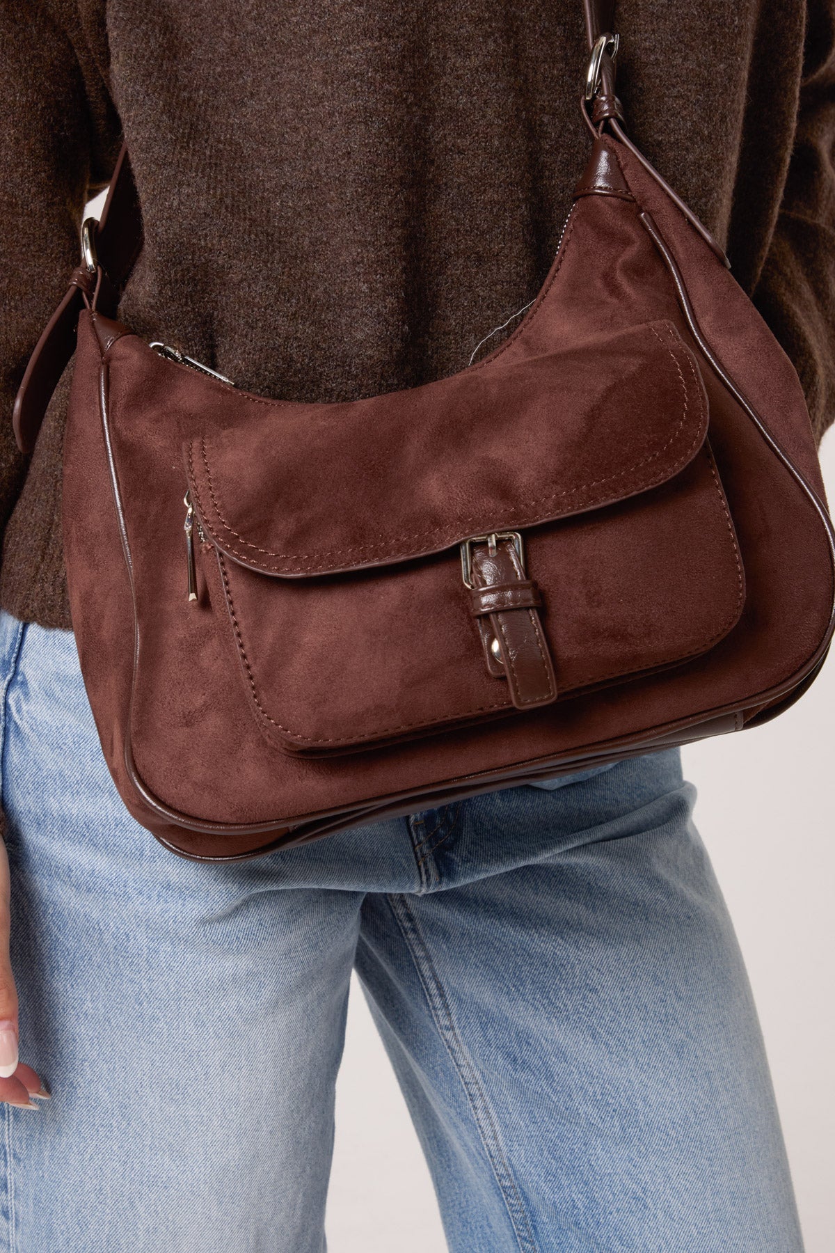 Faux Suede Pocket Shoulder Bag