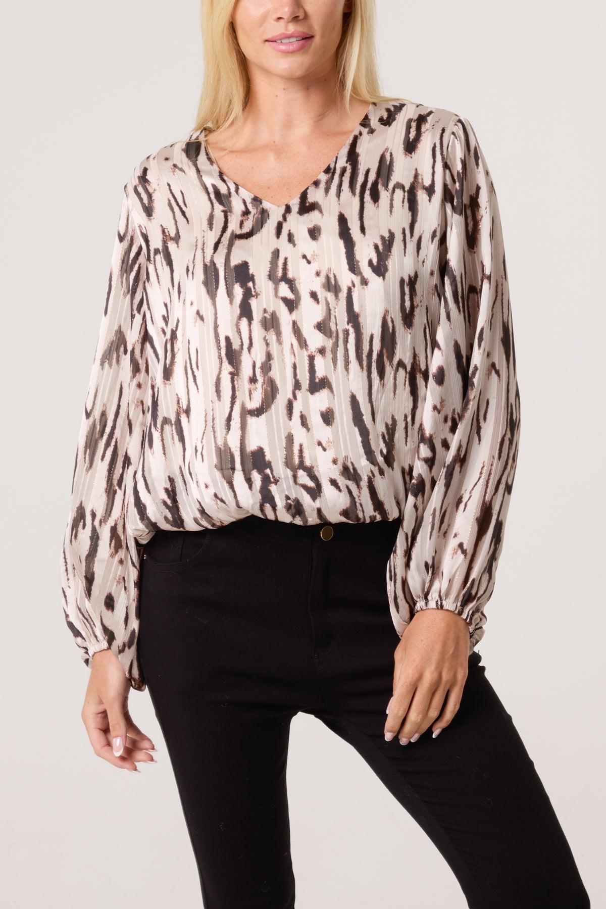 Glitter Animal Puffball V-Neck  Blouse