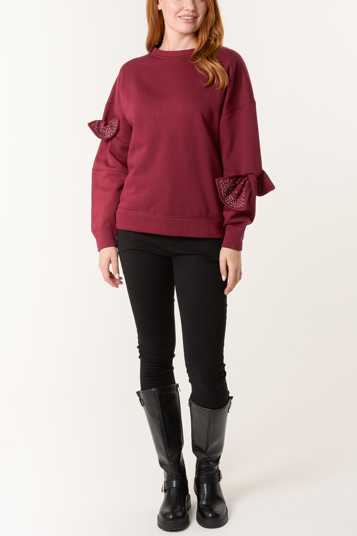 Embellished Bow Sleeve Sweatshirt