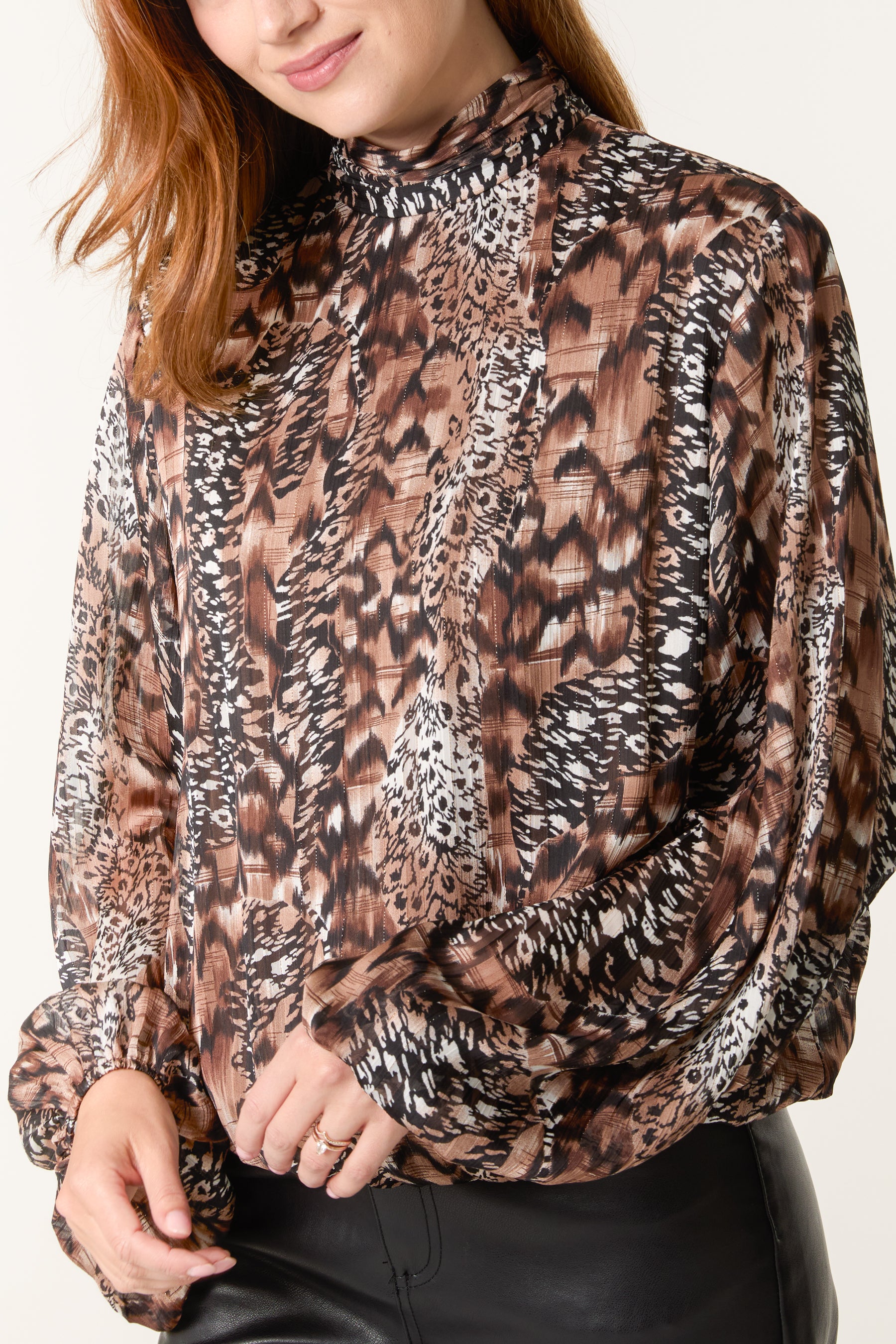 Mixed Animal Print Bubble Hem Blouse