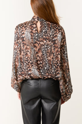 Mixed Animal Print Bubble Hem Blouse