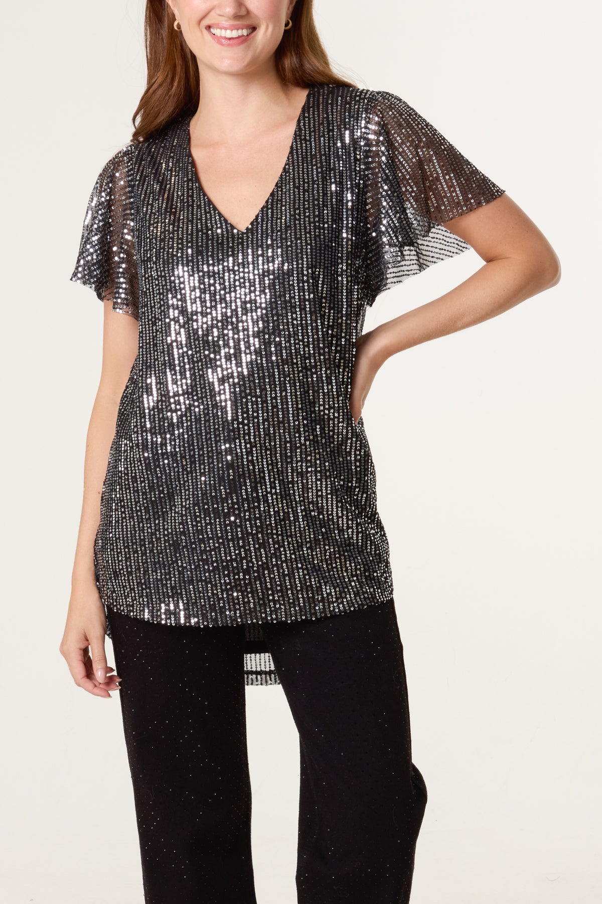 Angel Sleeve V-Neck Sequin Top