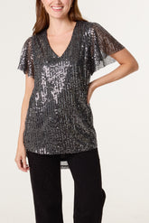 Angel Sleeve V-Neck Sequin Top