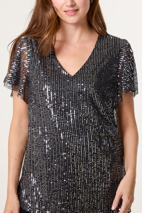 Angel Sleeve V-Neck Sequin Top