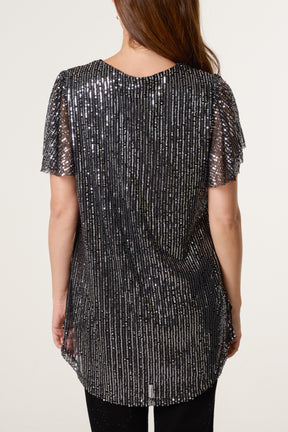 Angel Sleeve V-Neck Sequin Top