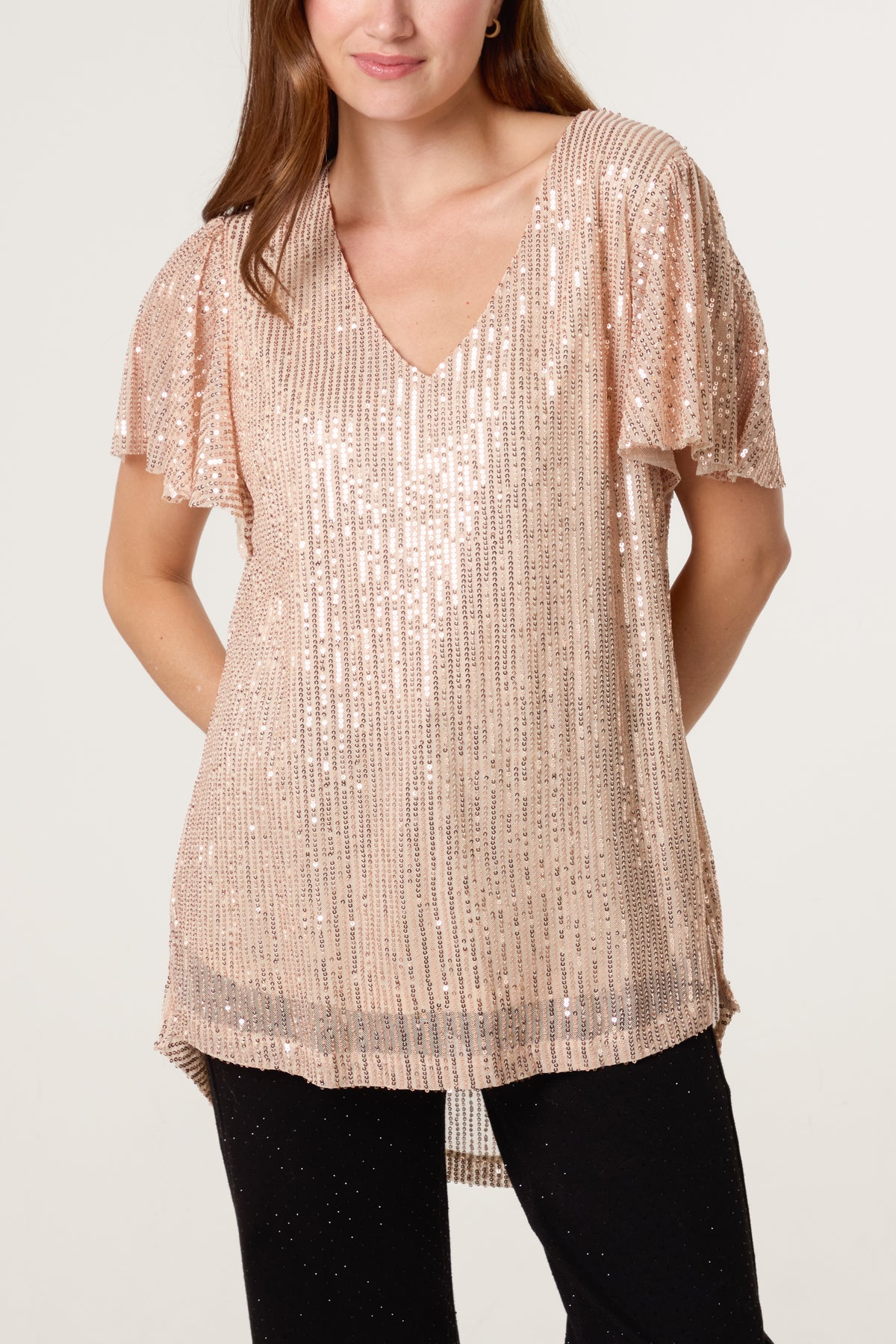 Angel Sleeve V-Neck Sequin Top