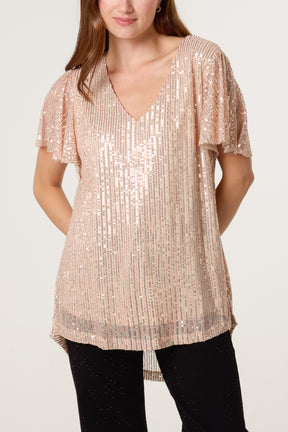 Angel Sleeve V-Neck Sequin Top