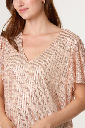Angel Sleeve V-Neck Sequin Top