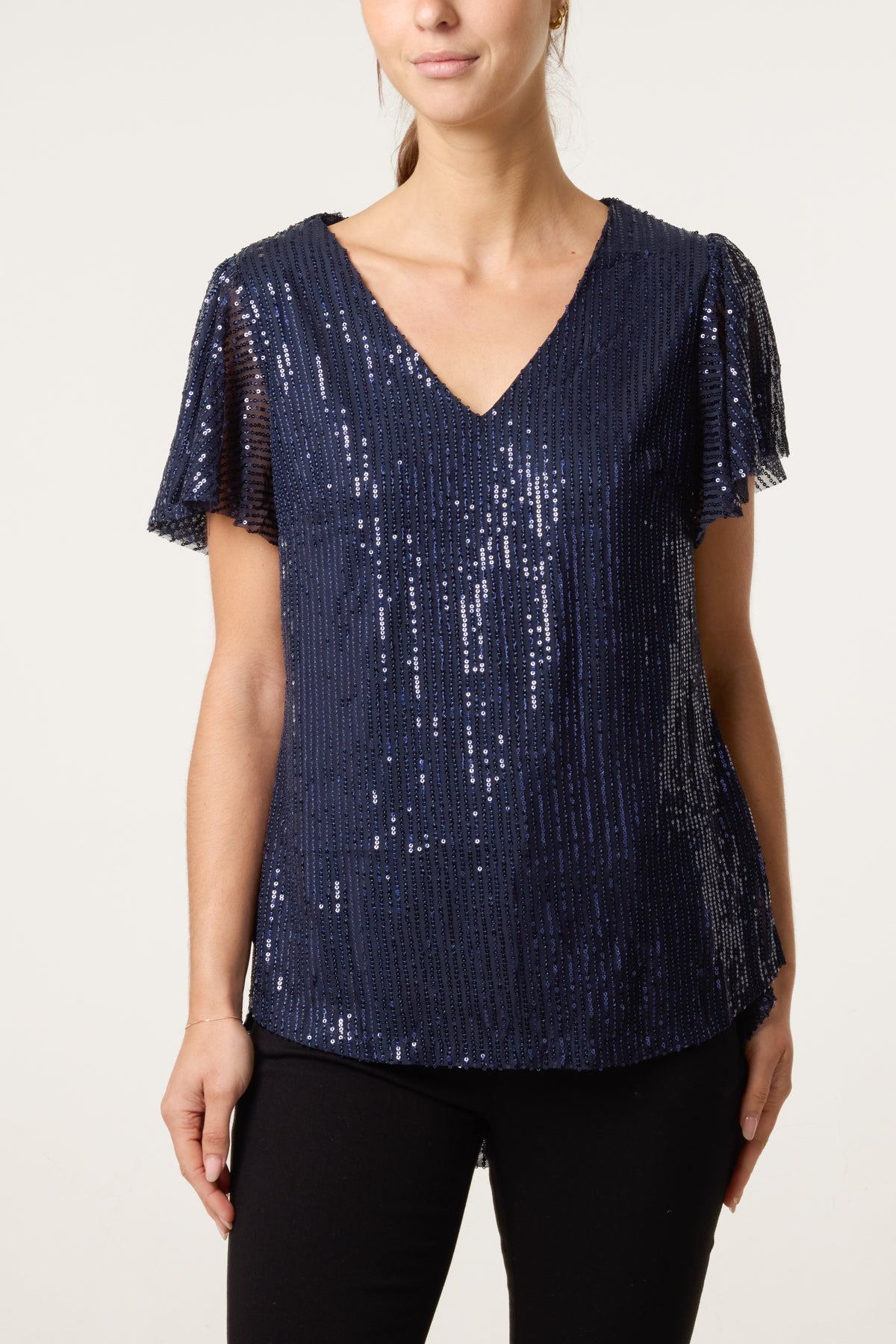 Angel Sleeve V-Neck Sequin Top