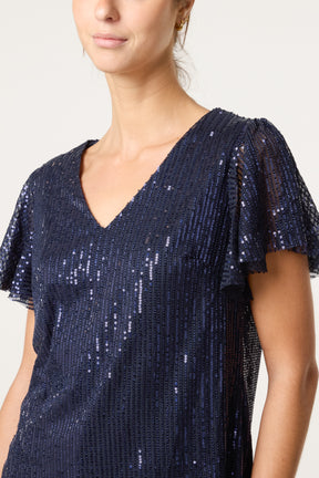 Angel Sleeve V-Neck Sequin Top
