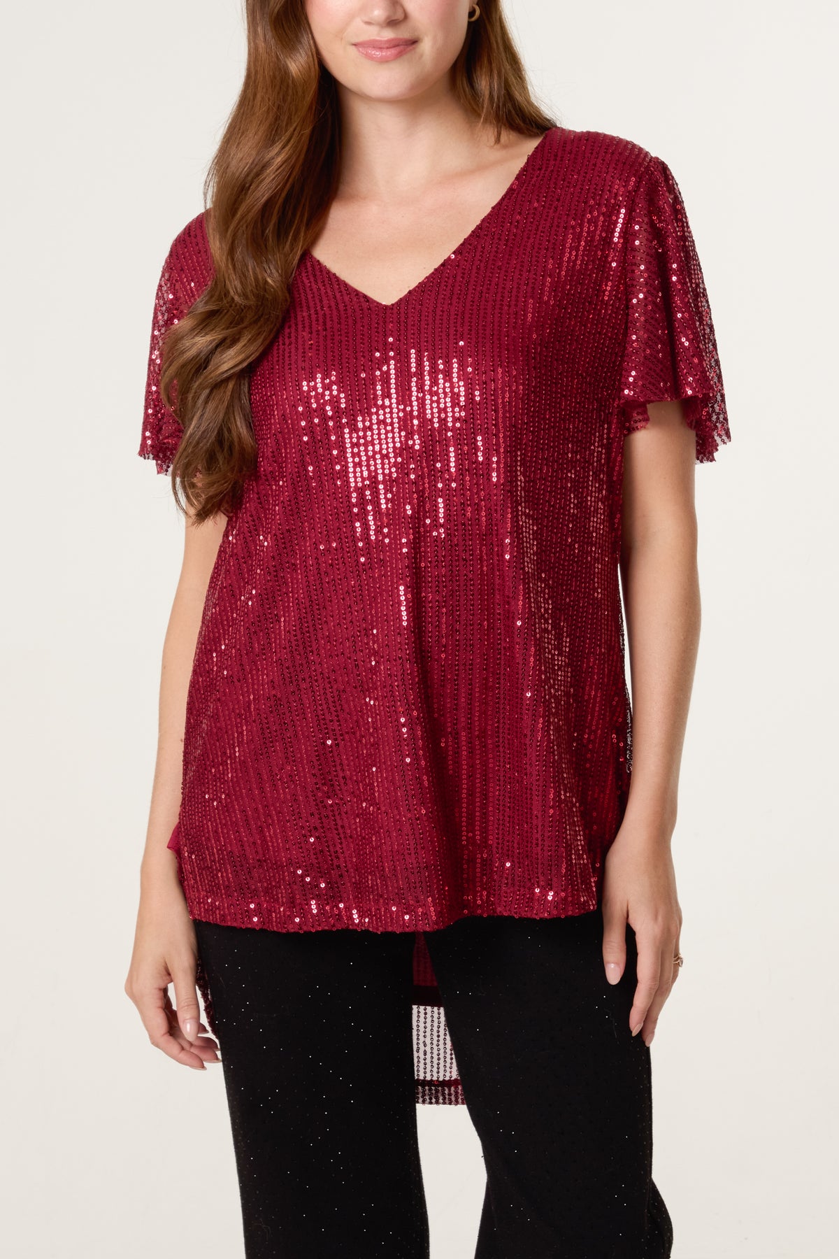 Angel Sleeve V-Neck Sequin Top