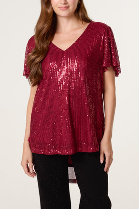 Angel Sleeve V-Neck Sequin Top