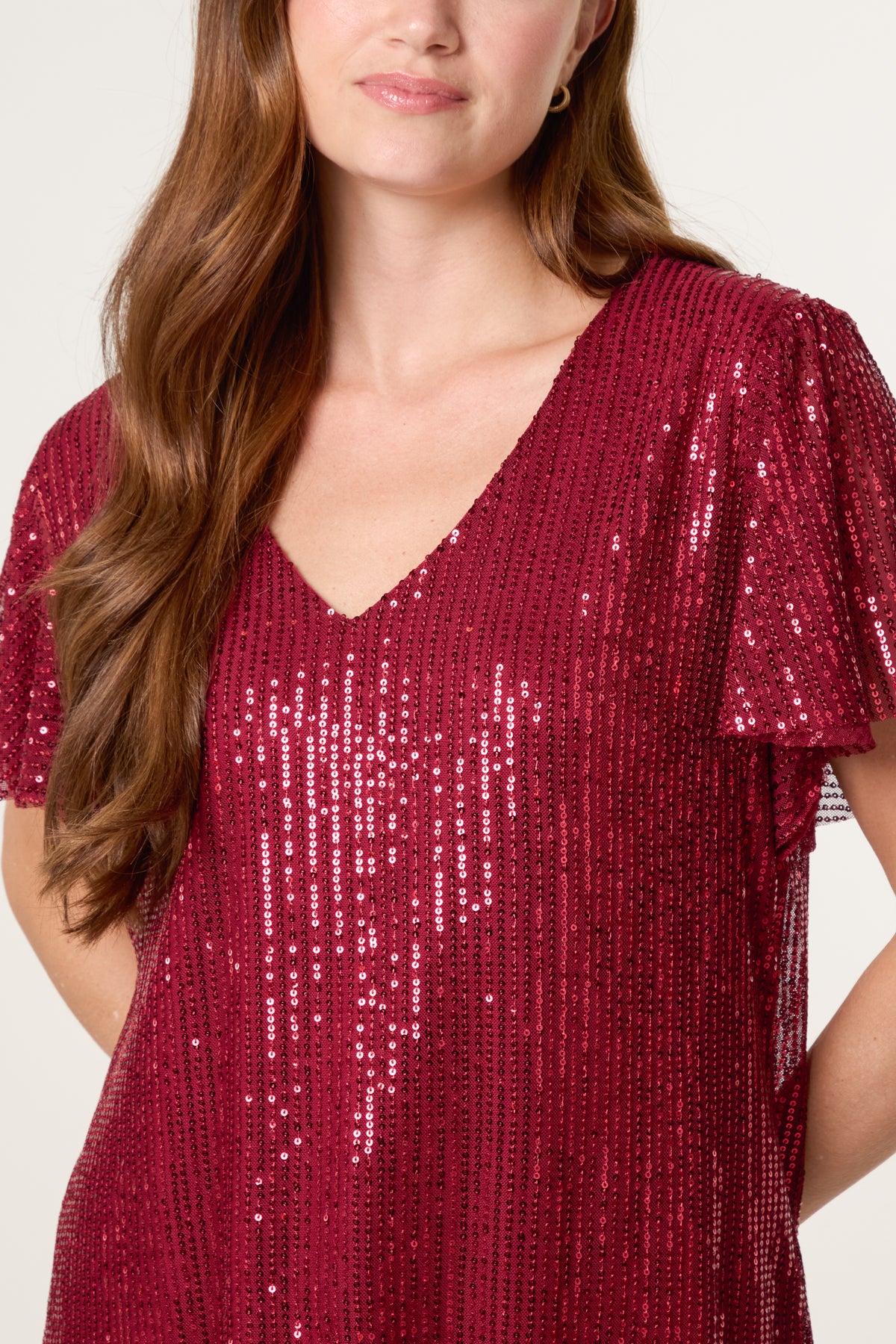 Angel Sleeve V-Neck Sequin Top