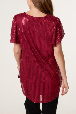 Angel Sleeve V-Neck Sequin Top