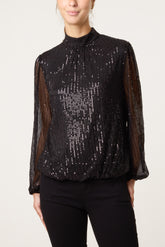 Sequin High Neck Puffball Top