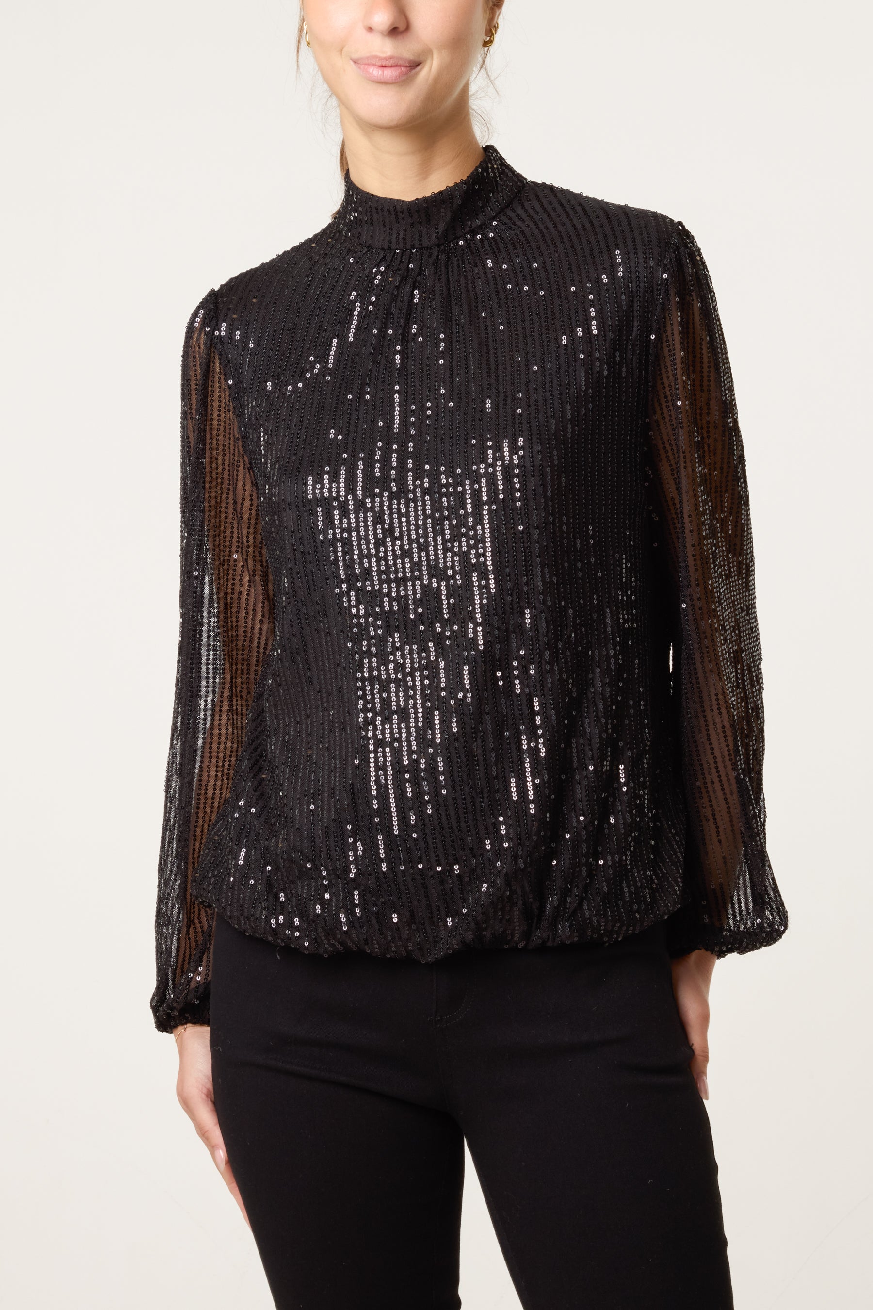 Sequin High Neck Puffball Top