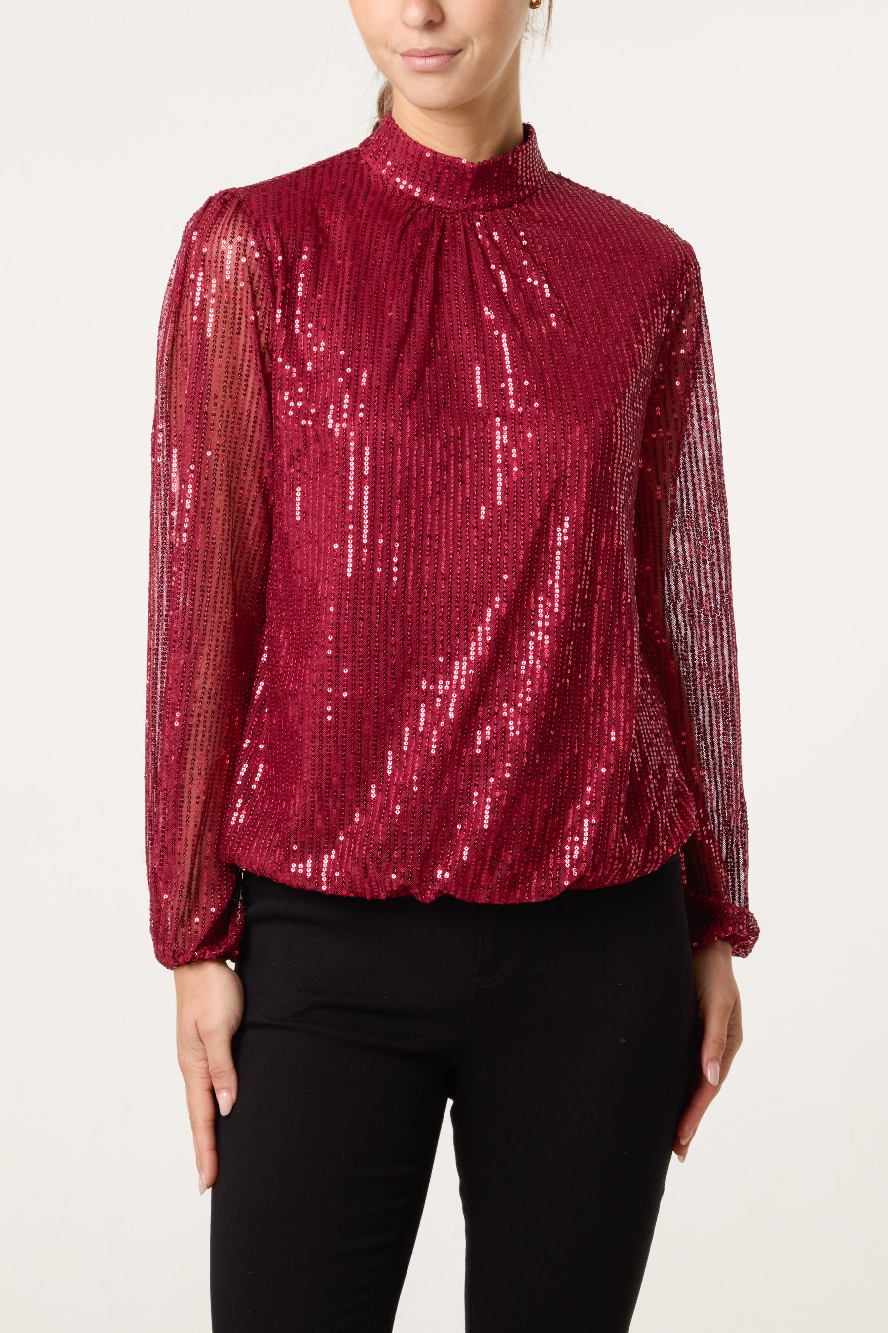 Sequin High Neck Puffball Top
