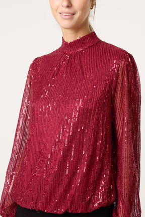 Sequin High Neck Puffball Top