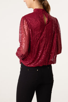 Sequin High Neck Puffball Top