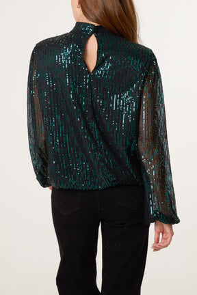 Sequin High Neck Puffball Top