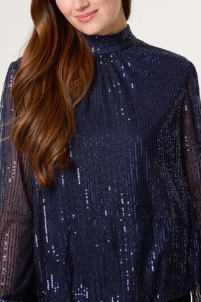 Sequin High Neck Puffball Top