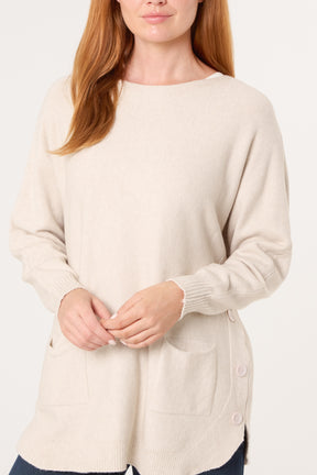 Pocket & Side Button Slash Neck Jumper