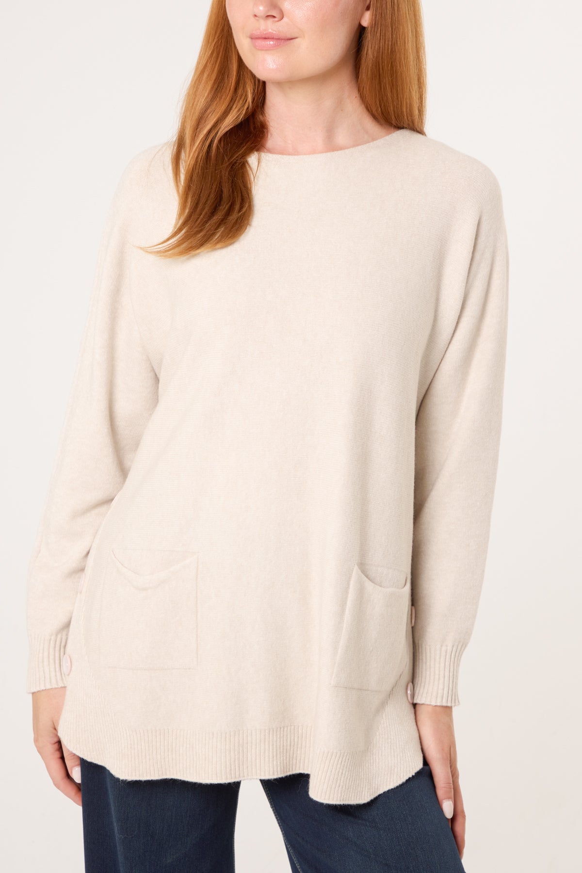 Pocket & Side Button Slash Neck Jumper
