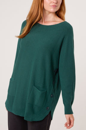Pocket & Side Button Slash Neck Jumper