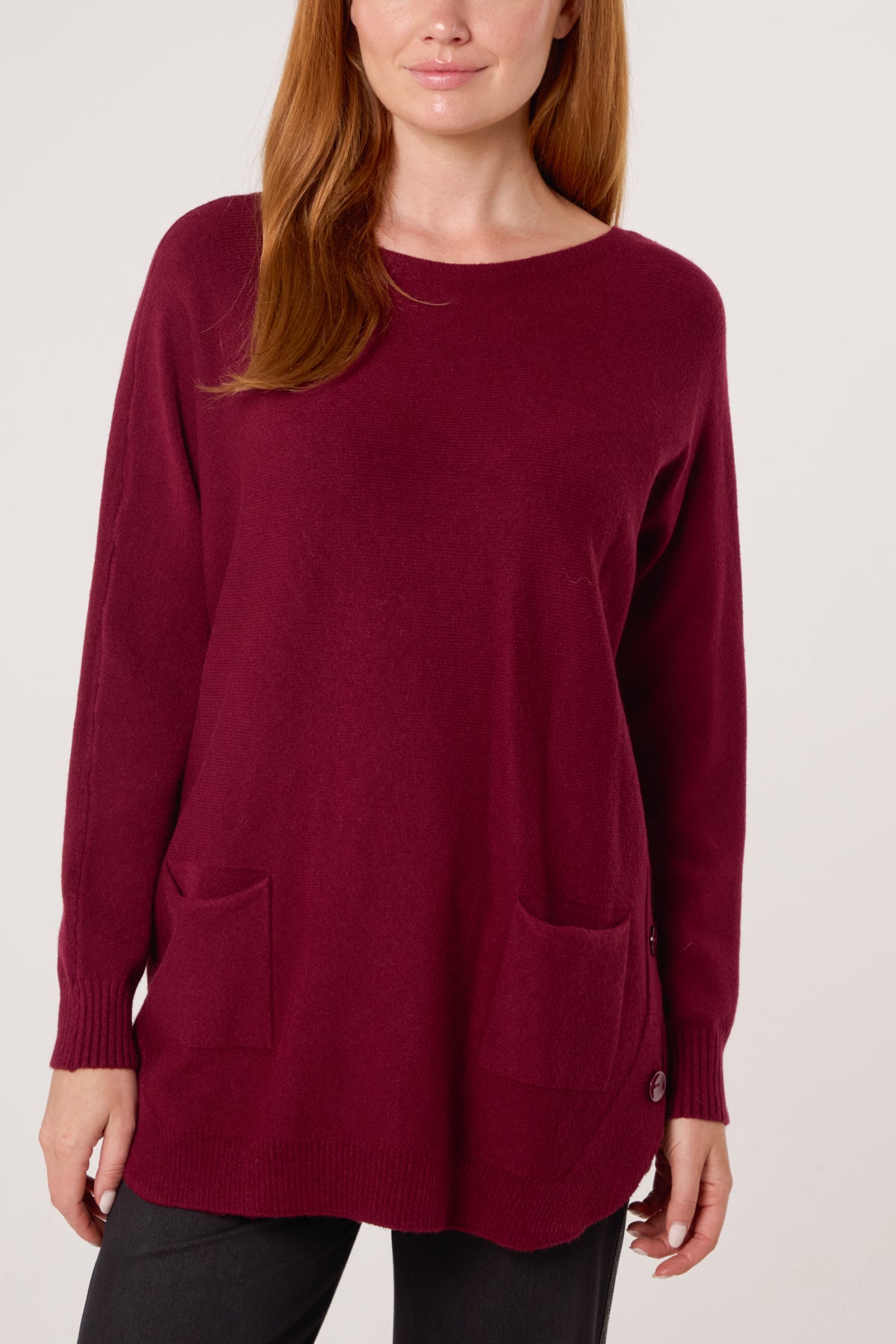 Pocket & Side Button Slash Neck Jumper