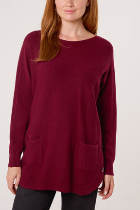 Pocket & Side Button Slash Neck Jumper