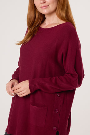 Pocket & Side Button Slash Neck Jumper